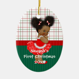 Afrikansk amerikanflicka första jul julgransprydnad keramik