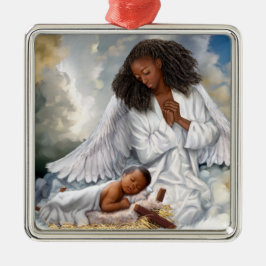 Afrikansk amerikansk ängel och Baby Jesus Julgransprydnad Metall