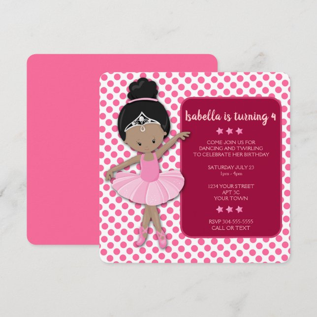 Afrikansk amerikansk Ballerina Birthday-inbjudan Inbjudningar (Fram/baksida)