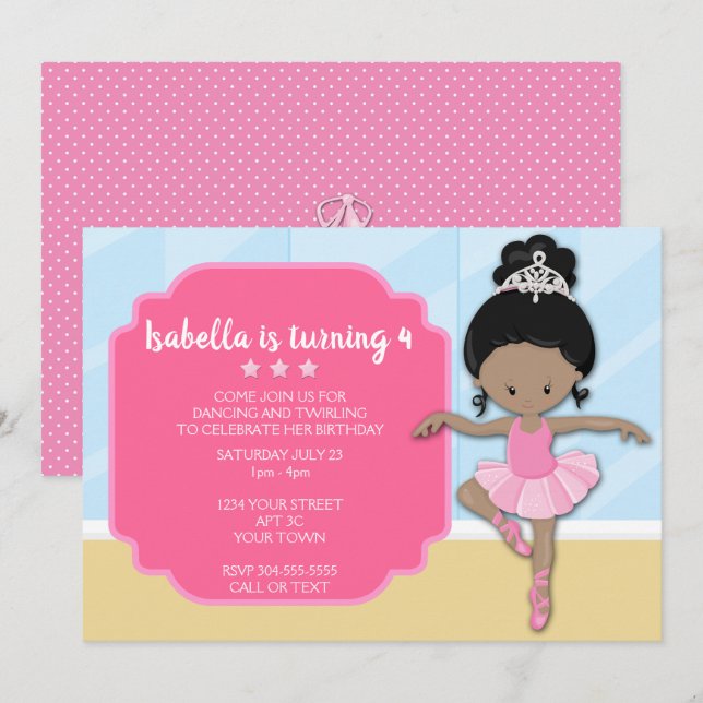 Afrikansk amerikansk Ballerina Birthday-inbjudan Inbjudningar (Fram/baksida)