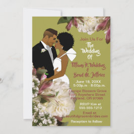 Afrikansk amerikansk Bride & Groom Guld & Rosa Brö Inbjudningar