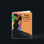 Afrikansk amerikansk Elegant Friend Grattis på föd Kort<br><div class="desc">Eleganten Birthday Card har en afrikansk amerikansk kvinna i en svart gåva med abstrakt och orange bakgrund. Ge det här unika kortet till din fantastiska vän på deras födelsedag.</div>