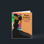 Afrikansk amerikansk Elegant Friend Grattis på föd Kort<br><div class="desc">Eleganten Birthday Card har en afrikansk amerikansk kvinna i en svart gåva med abstrakt och orange bakgrund. Ge det här unika kortet till din fantastiska vän på deras födelsedag.</div>