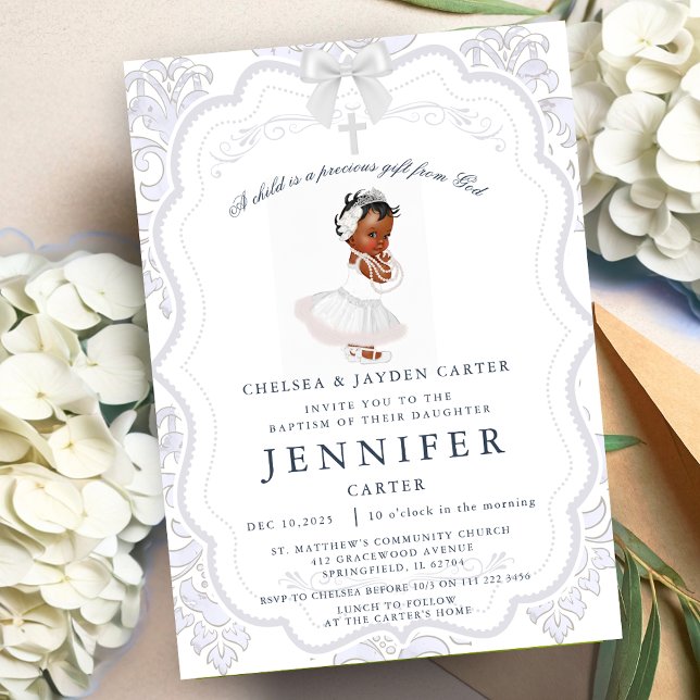 Afrikansk amerikansk Flicka Baptism Christening Inbjudningar (African American Baby Girl Baptism Christening Invitation)