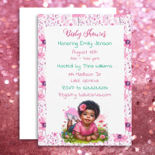 Afrikansk-amerikansk flickas Blommigt Baby Shower Inbjudningar