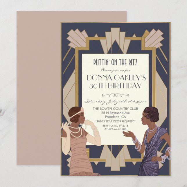 Afrikansk amerikansk Gatsby Art Deco Birthday Inbjudningar (Fram/baksida)