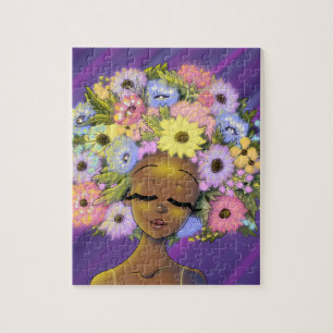 Afrikansk amerikansk kvinna med blommande blomning pussel