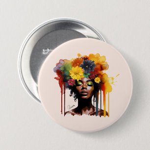 Afrikansk-amerikansk kvinna med Blommigt Afro Hair Knapp
