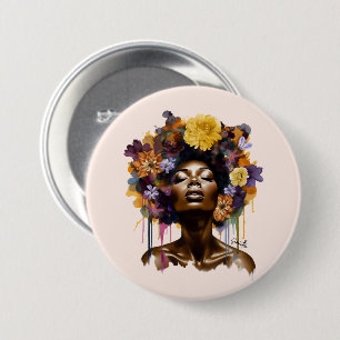 Afrikansk-amerikansk kvinna med Blommigt Afro Hair Knapp