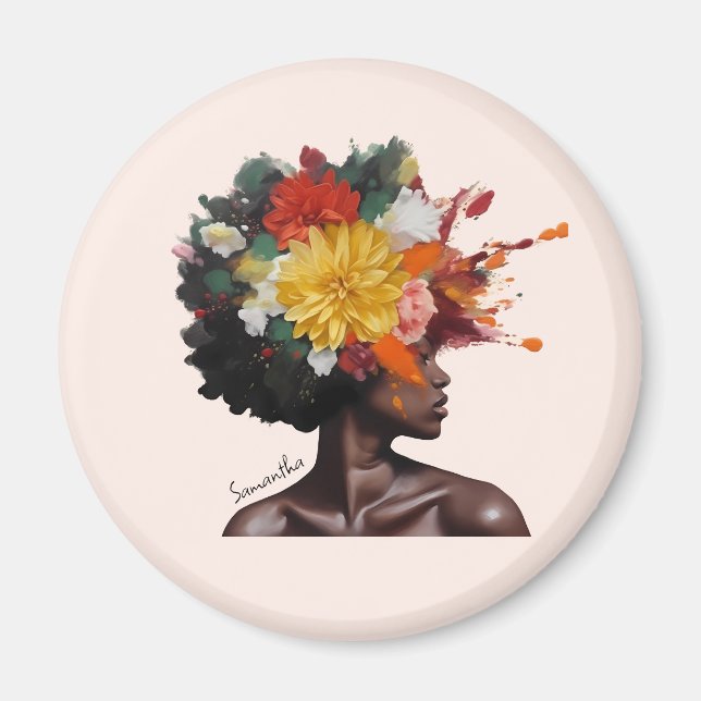 Afrikansk-amerikansk kvinna med Blommigt Afro Hair Magnet (Framsidan)