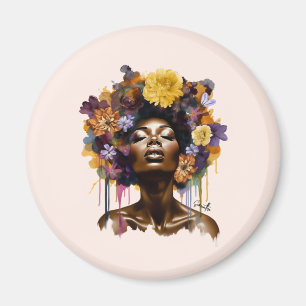 Afrikansk-amerikansk kvinna med Blommigt Afro Hair Magnet