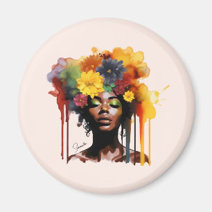 Afrikansk-amerikansk kvinna med Blommigt Afro Hair Magnet