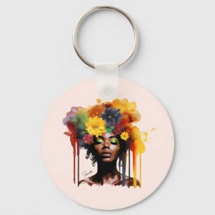 Afrikansk-amerikansk kvinna med Blommigt Afro Hair Nyckelring