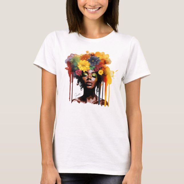 Afrikansk-amerikansk kvinna med Blommigt Afro Hair T Shirt (Framsida)