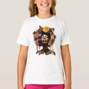 Afrikansk-amerikansk kvinna med Blommigt Afro Hair T Shirt