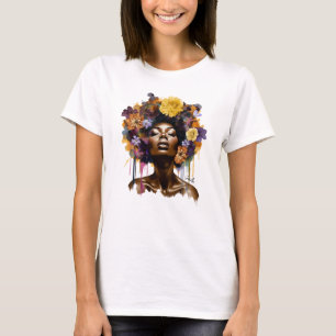 Afrikansk-amerikansk kvinna med Blommigt Afro Hair T Shirt