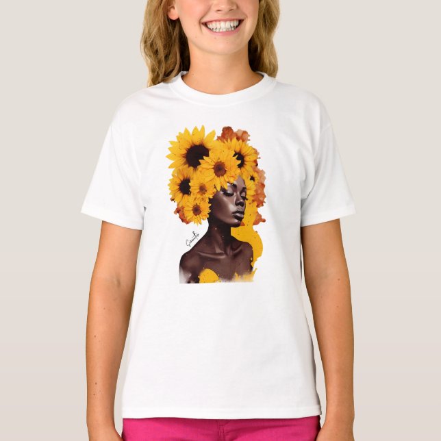 Afrikansk-amerikansk kvinna med solros Afro Hair T Shirt (Framsida)