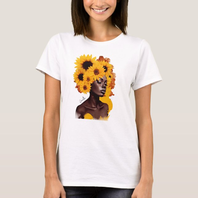 Afrikansk-amerikansk kvinna med solros Afro Hair T Shirt (Framsida)