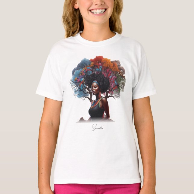 Afrikansk-amerikansk kvinna med Träd-adorned Hair T Shirt (Framsida)