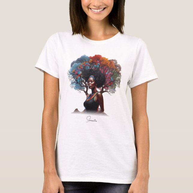 Afrikansk-amerikansk kvinna med Träd-adorned Hair T Shirt (Framsida)