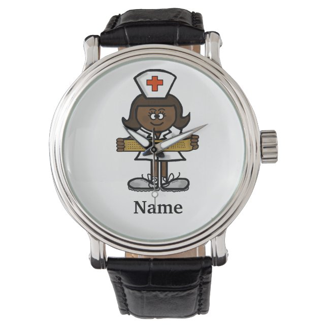 Afrikansk-amerikansk kvinnlig sjuksköterska vaktar armbandsur (Framsida)