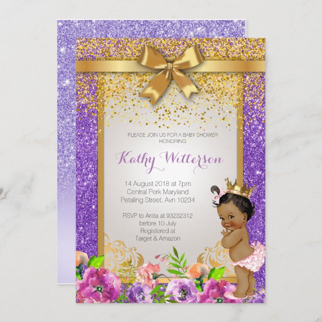 Afrikansk amerikansk Lila Babyskort Inbjudningar (Fram/baksida)