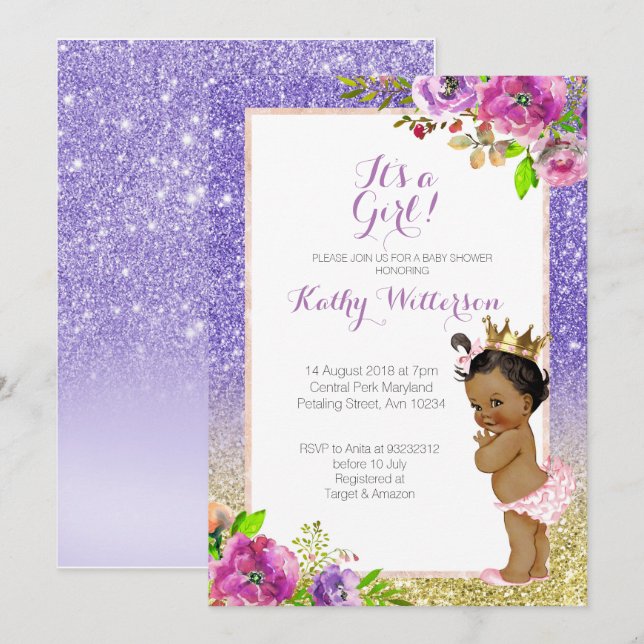 Afrikansk amerikansk Lila Guld Baby Shower Inbjuda Inbjudningar (Fram/baksida)