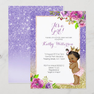 Afrikansk amerikansk Lila Guld Baby Shower Inbjuda Inbjudningar