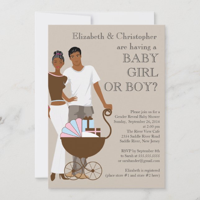 Afrikansk amerikansk par Gender Visa babyskor Inbjudningar (Framsida)