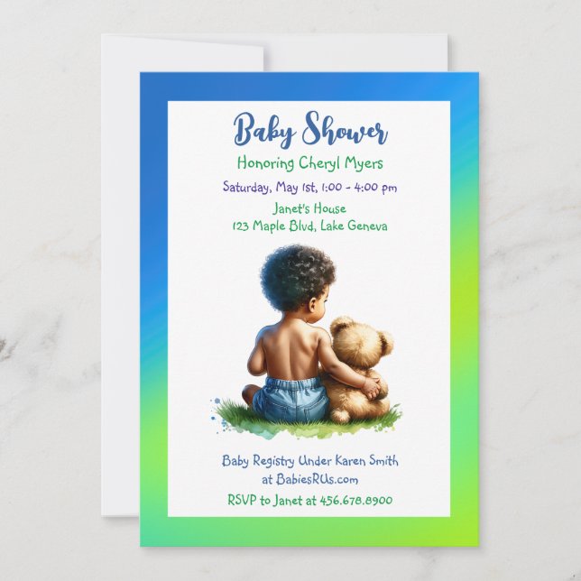 Afrikansk-amerikansk Pojke med Teddy Baby Shower Inbjudningar (Framsida)