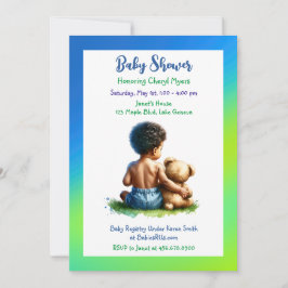 Afrikansk-amerikansk Pojke med Teddy Baby Shower Inbjudningar