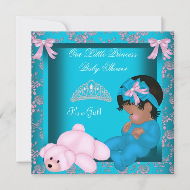 Afrikansk amerikansk princess Baby Shower Teal Ros Inbjudningar (Framsida)