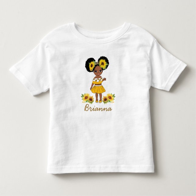 Afrikansk amerikansk princess Girl SunblomPuff Hai T Shirt (Framsida)