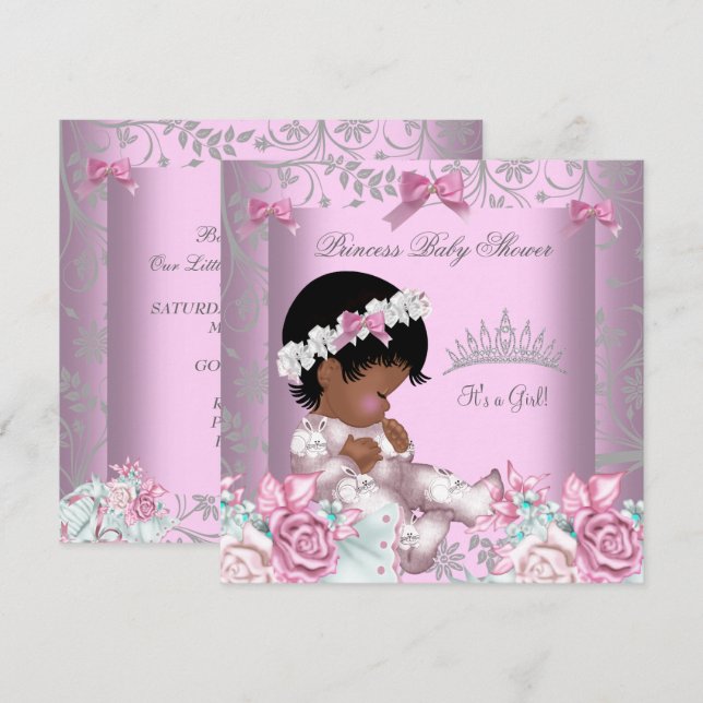 Afrikansk amerikansk Rosa och Grått Baby Shower Gi Inbjudningar (Fram/baksida)