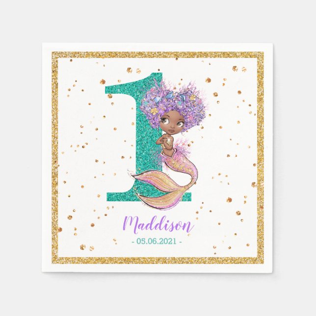 Afrikansk amerikansk Sjöjungfru 1:a födelsedag Pappersservett (Framsidan)