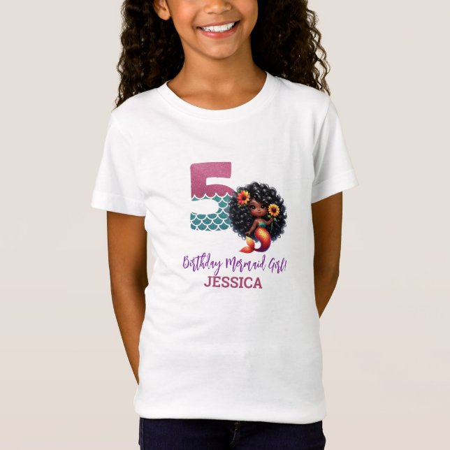 Afrikansk amerikansk Sjöjungfru 5 födelsedagen T Shirt (Framsida)