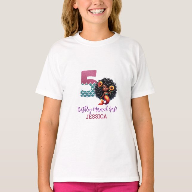 Afrikansk amerikansk Sjöjungfru 5 födelsedagen T Shirt (Framsida)