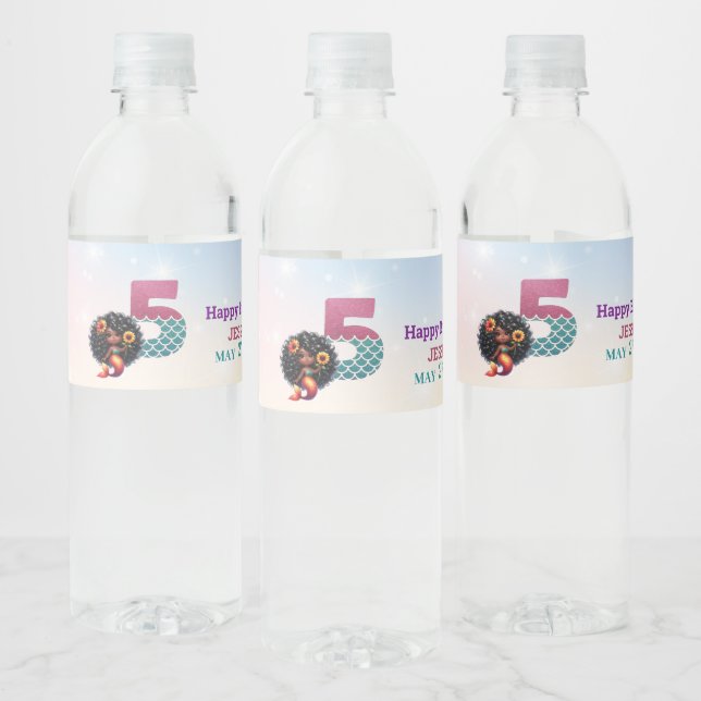 Afrikansk amerikansk Sjöjungfru 5 födelsedagen Vattenflaskor Etikett (Flaskor)