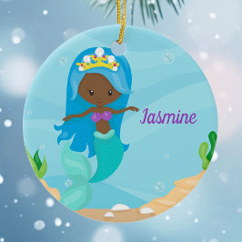 Afrikansk amerikansk Sjöjungfru Girl Cute Anpassni Julgransprydnad Keramik