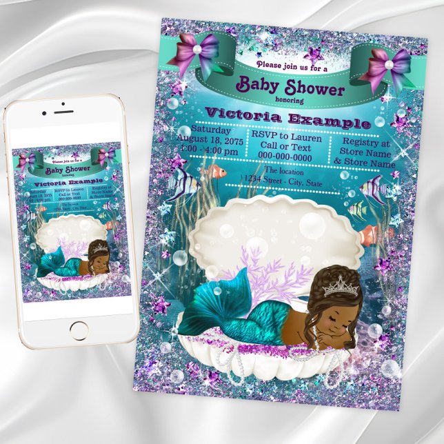 Afrikansk amerikansk Sjöjungfru Princess Baby Show Inbjudningar (African American Mermaid Princess Baby Shower Invitation. Instant download & printed invitations.)