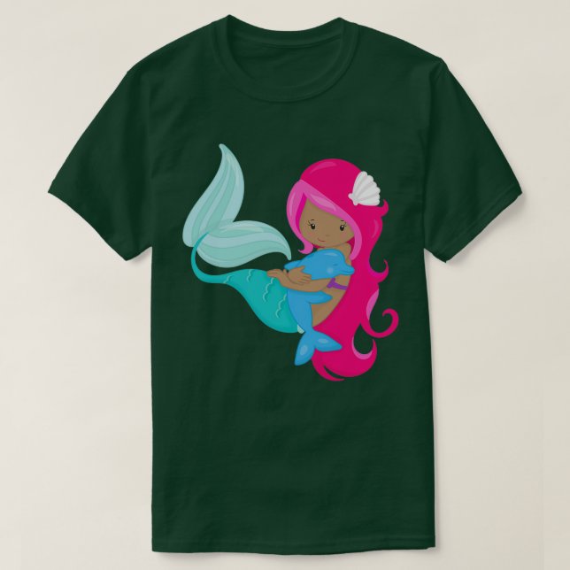 Afrikansk amerikansk Sjöjungfru Rosa Hair Dolphin T Shirt (Design framsida)