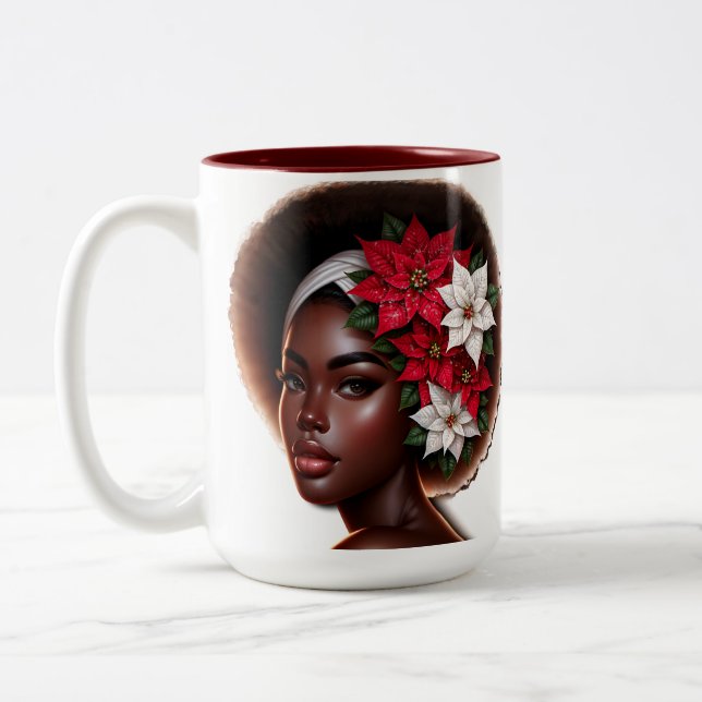 Afrikansk-amerikansk skönhet med Poinsettias jul Två-Tonad Mugg (Vänster)