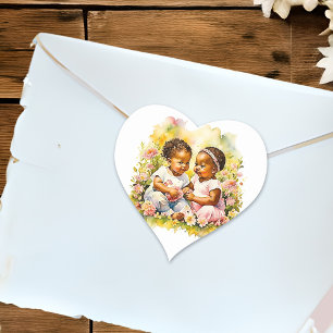 Afrikansk-amerikansk Twin Girl's Baby Shower Hjärtformat Klistermärke