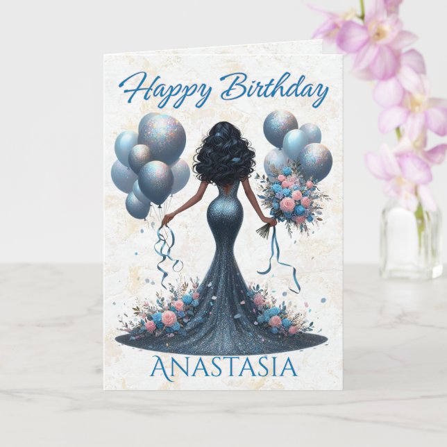 Afrikansk amerikansk Woman Glamous Blue Birthday Kort (Orkide)