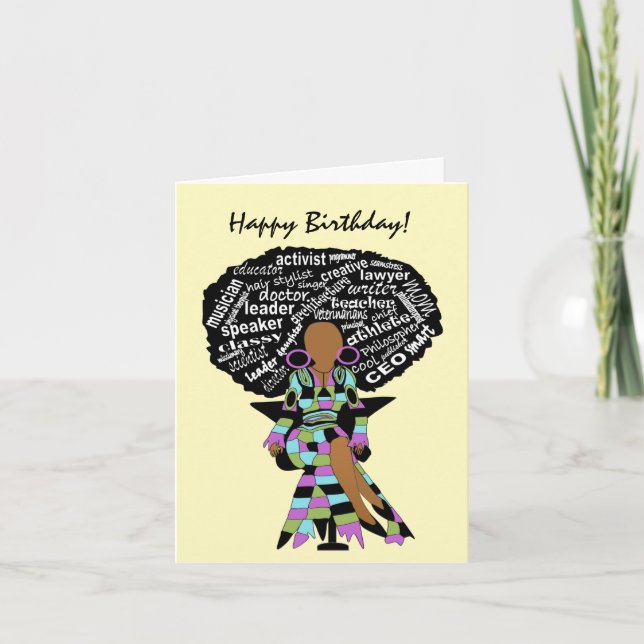 Afrikansk amerikansk Woman Ord Art Birthday Kort (Framsida)