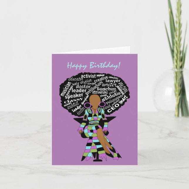 Afrikansk amerikansk Woman Ord Art Birthday-kort Kort (Framsida)