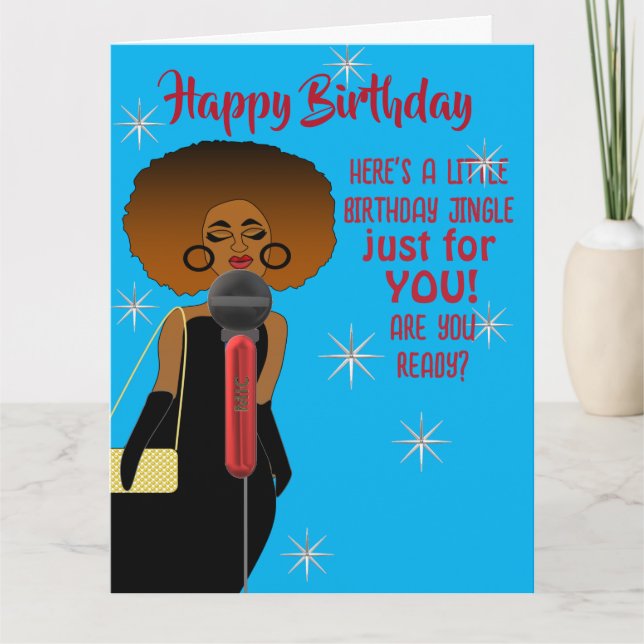 Afrikansk amerikansk Woman Singing Guitar Birthday Kort (Framsida)