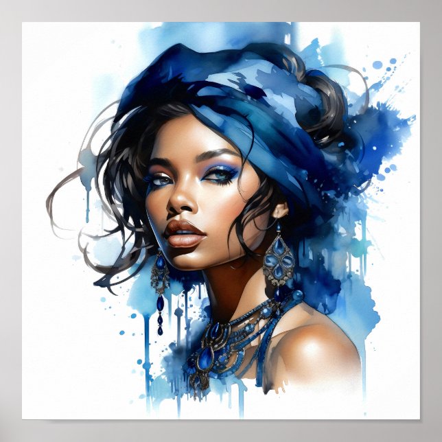 Afrikansk amerikansk Woman Watercolor Painting Poster (Framsidan)