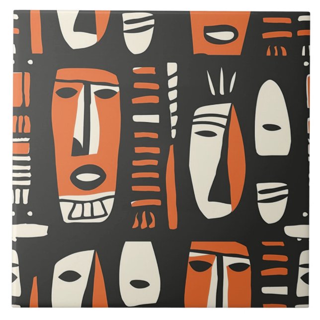 Afrikansk Ansikte Orange, Black Ceramic Tile Kakelplatta (Framsidan)