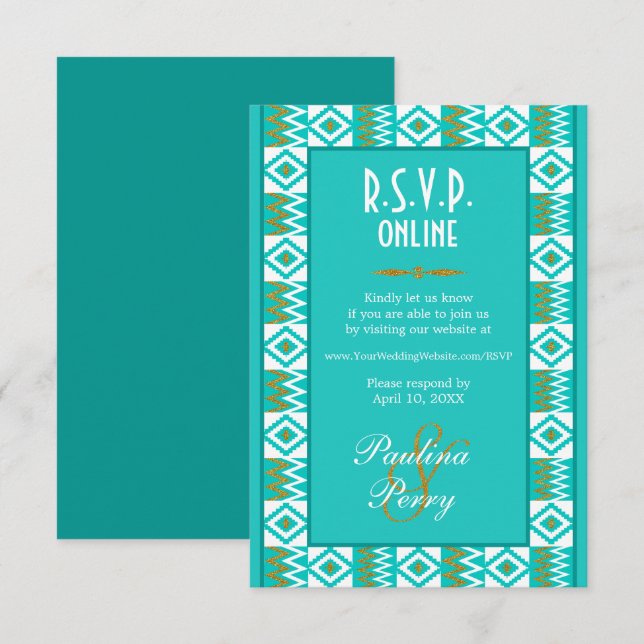 Afrikansk Aqua Teal Blå Kente RSVP Online Bifogad OSA Kort (Fram/baksida)